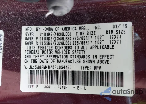 2015 Honda Cr-V Ex-L из США, поврежденный, VIN 5J6RM4H76FL054487